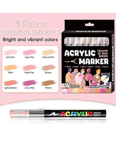 Htutwoo 9 Colors Beauty Skin Tone Series Acrylic Markers, Soft-Tip Direct-Ink Pigment Pens, Automatic Ink Control for Rock, Egg, Wood, Glass, Paper