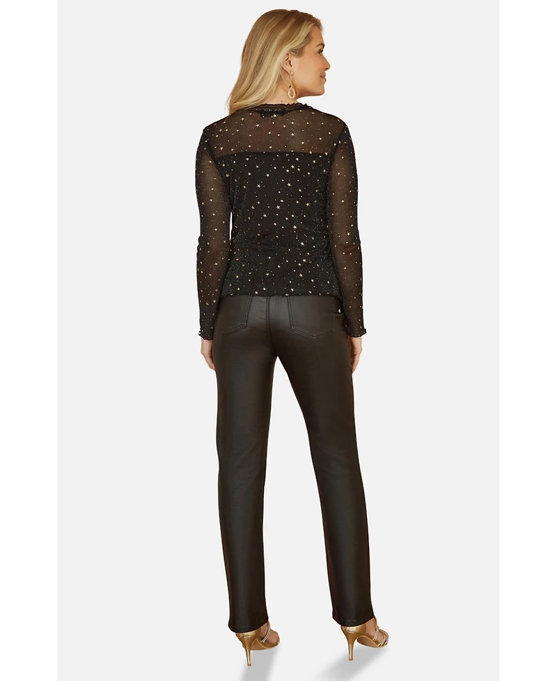 Yumi Women's Mesh Star Print Long Sleeve Top