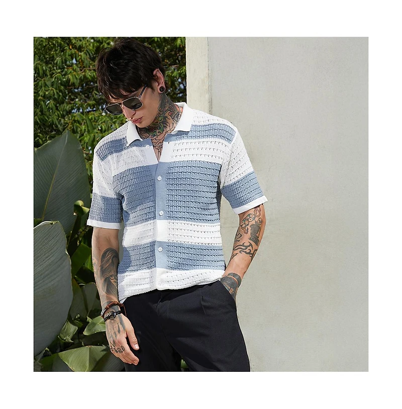 Campus Sutra Men's Icy Blue & Daisy White Panel-Knit Relaxed Shirt