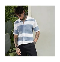 Campus Sutra Men's Icy Blue & Daisy White Panel-Knit Relaxed Shirt