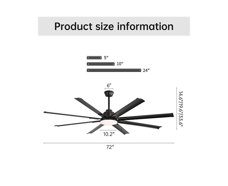 Sofucor 72-inch Modern Matte Black 8-Blade Ceiling Fan Light with Intelligent Remote Control, Supporting Voice and App Timing Functions