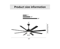 Sofucor 72-inch Modern Matte Black 8-Blade Ceiling Fan Light with Intelligent Remote Control, Supporting Voice and App Timing Functions
