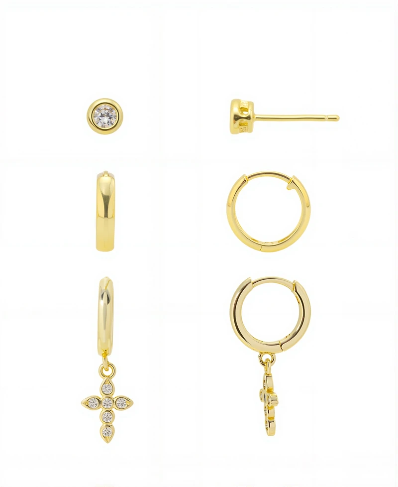 Cubic Zirconia bezel post stud, Cubic Zirconia cross endless hoop endless hoop 3 pairs Earring Set