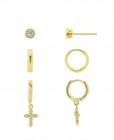 Cubic Zirconia bezel post stud, Cubic Zirconia cross endless hoop endless hoop 3 pairs Earring Set