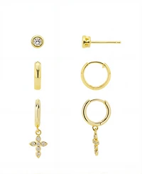 Cubic Zirconia bezel post stud, Cubic Zirconia cross endless hoop endless hoop 3 pairs Earring Set