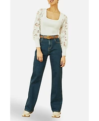 Yumi Women's Ribbed Knitted Lace Sleeve Top