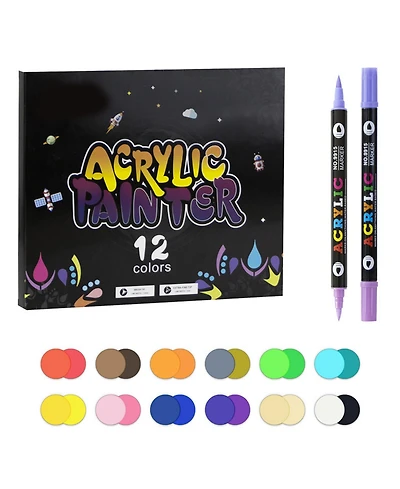Htutwoo Colours Double-Ended, Two-Color Acrylic Markers, Quick-Drying and Waterproof for Rocks, Eggs, Wood, Rock, Canvas, Plastic, Glass