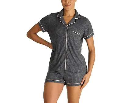 Tahari Women's Short Sleeve Notch Collar Top and Shorts 2 Piece Pajama Set
