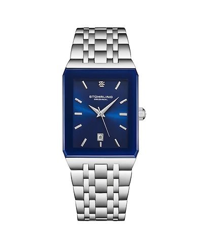 Stuhrling 4084 Modern Rectangular Bracelet Watch - Sunray Dial, Date Display, Slim Stainless Design