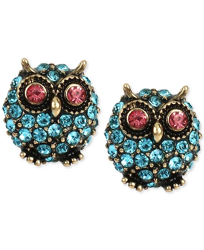 Betsey Johnson Gold-Tone Blue Pave Owl Stud Earrings