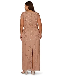 Adrianna Papell Plus Bead Blouson Boat Neck Long Dress