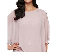 Sl Fashions Petite Round-Neck Sequin Lace Cape Dress
