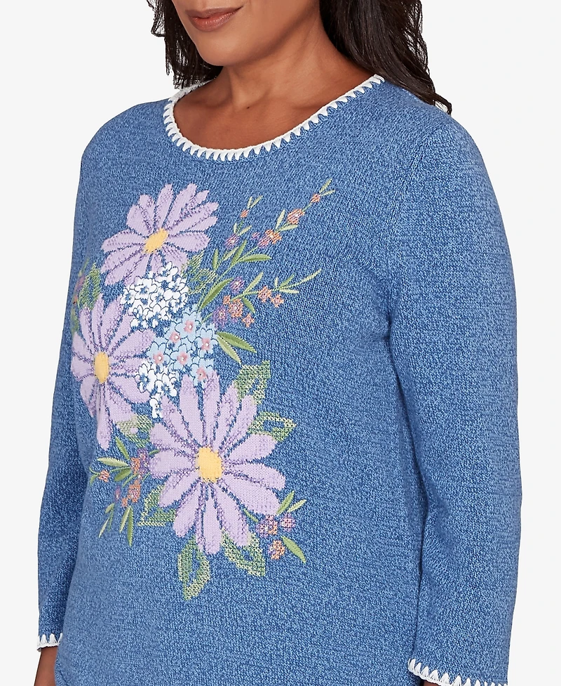 Alfred Dunner Petite Hilton Head Cross-Stitched Floral Pull-On Sweater