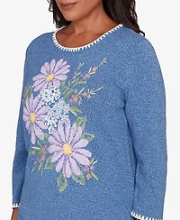Alfred Dunner Petite Hilton Head Cross-Stitched Floral Pull-On Sweater