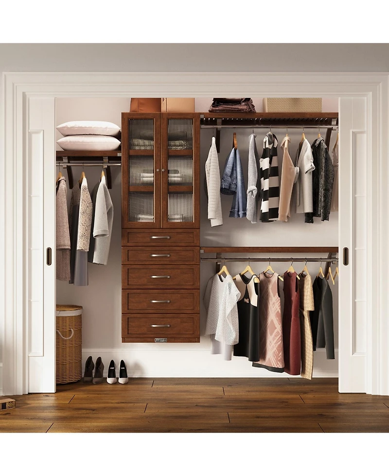 Solid Wood Reach-In Closet Organizer with 5 Shaker Style Drawers and Glass Doors