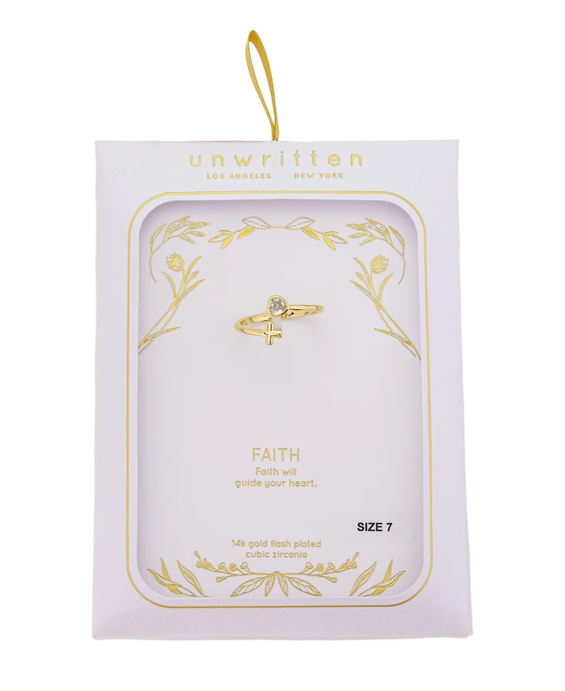 Unwritten Cubic Zirconia Gold Plated Heart and Cross Bypass Ring