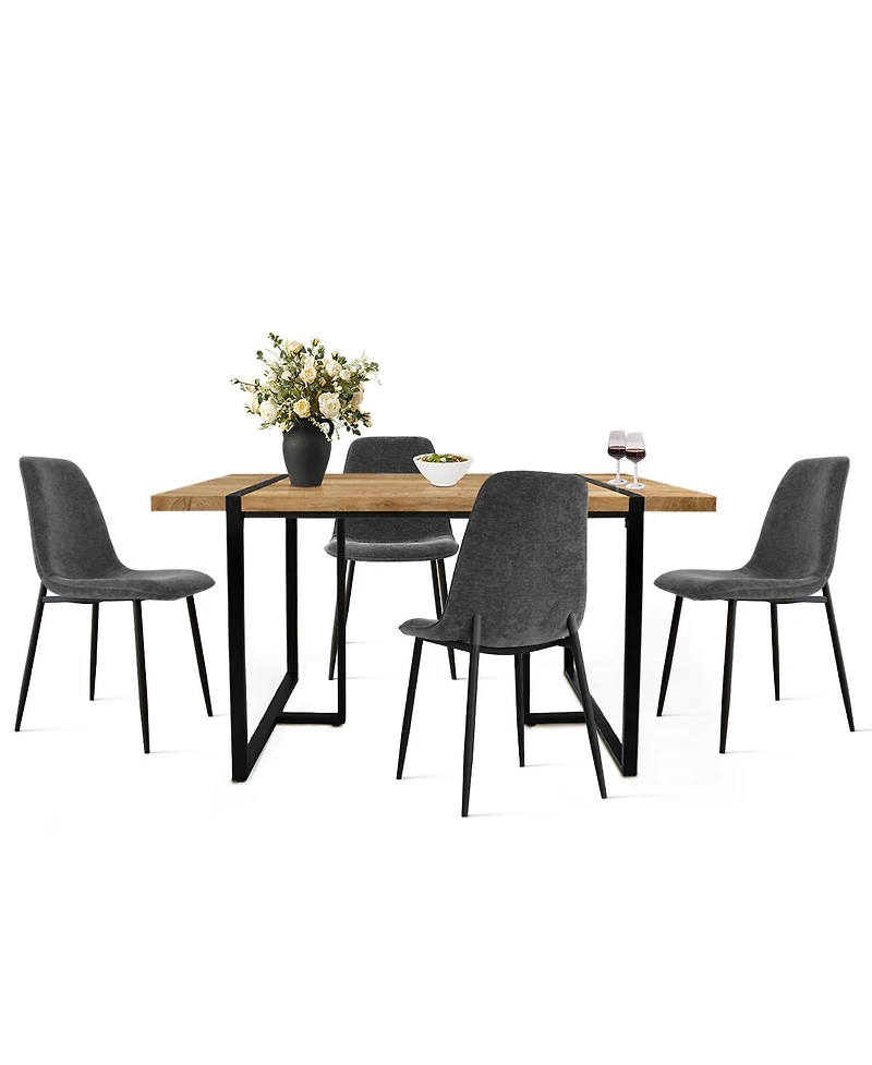 5-Piece Dining Table Set with 59'' Mdf Table, Rectangular Wood-Look Top and Black Metal Legs 4 Upholstered Chairs-Maison Boucle