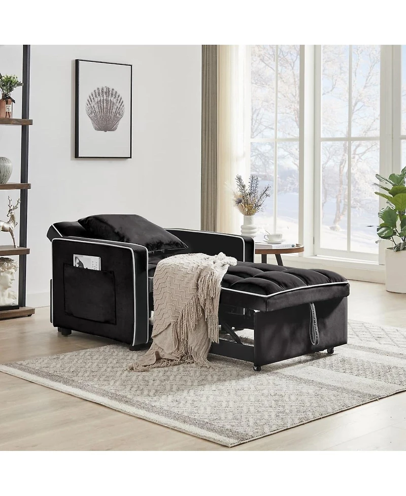 Maison Boucle 3-in-1 Convertible Velvet Chair Bed, Single Sleeper Sofa with Adjustable Backrest, Pull Out Bed & Side Pocket for Small Spaces