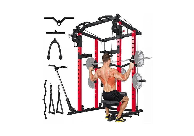 Aecojoy Power Cage Squat Rack with Optional Lat Pulldown, 2000lbs Weight Cable Machine with Pulley Workout System for Home Gym