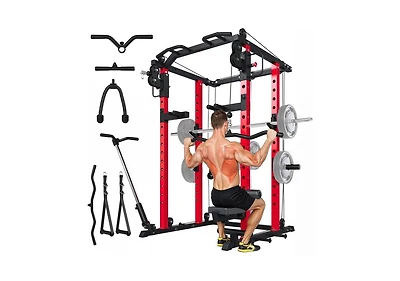 Aecojoy Power Cage Squat Rack with Optional Lat Pulldown, 2000lbs Weight Cable Machine with Pulley Workout System for Home Gym