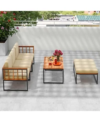 5 Pcs Patio Furniture Set Acacia Wood Sectional Set with Seat & Back Cushions
