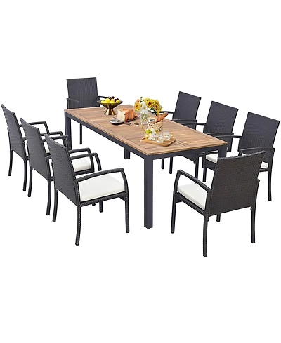 9 Pcs Patio Rattan Dining Set with Acacia Wood Table, Cushions, 1.9" Umbrella Hole