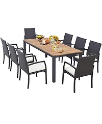 9 Pcs Patio Rattan Dining Set with Acacia Wood Table, Cushions, 1.9" Umbrella Hole