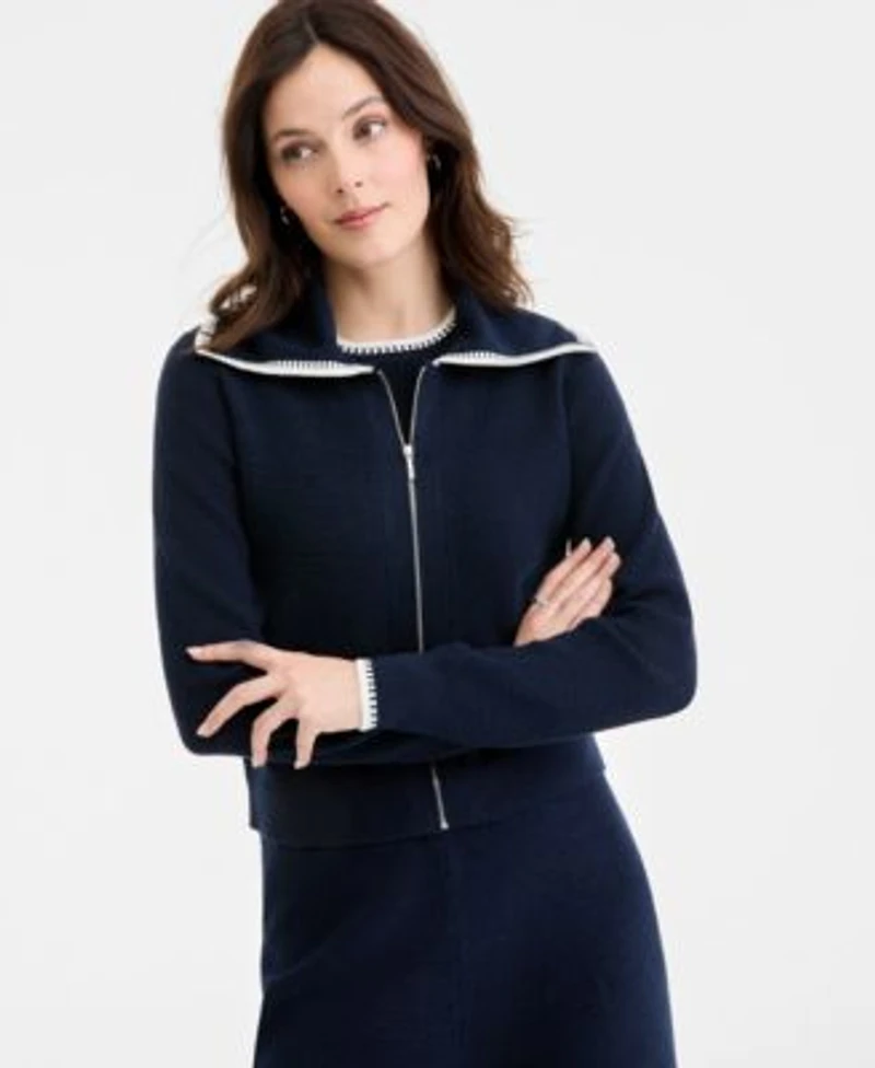 On 34th Womens Tipped Zip Up Cardigan Sleeveless Sweater Pull On Pants Macys Exclusive