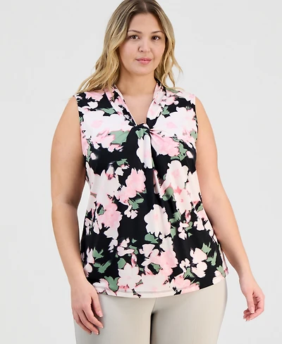 Kasper Plus Printed Knot-Neck Sleeveless Top