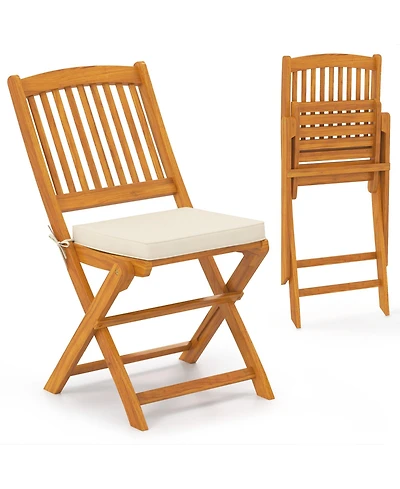 Outdoor Folding Chairs Set of 2 Acacia Wood High-Back Chair with Seat Cushions