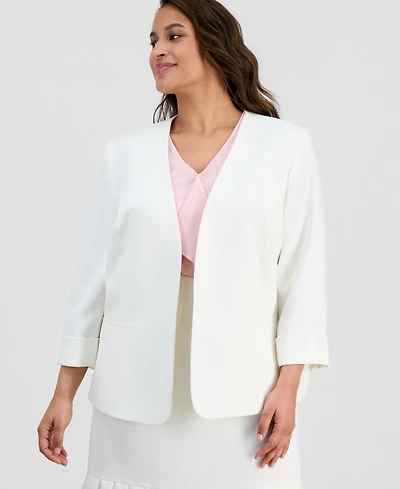 Kasper Plus Stretch Crepe Open-Front 3/4-Sleeve Collarless Blazer