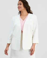 Kasper Plus Stretch Crepe Open-Front 3/4-Sleeve Collarless Blazer