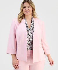 Kasper Plus Stretch Crepe Open-Front 3/4-Sleeve Collarless Blazer