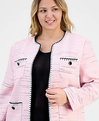 Kasper Plus Collarless Open-Front Tweed Jacket