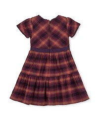 Hope & Henry Big Girls Organic Puff Sleeve Tiered Flannel Dress with Sash