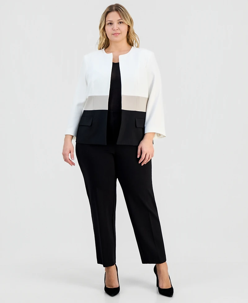 Kasper Plus Collarless Colorblocked Open-Front Jacket