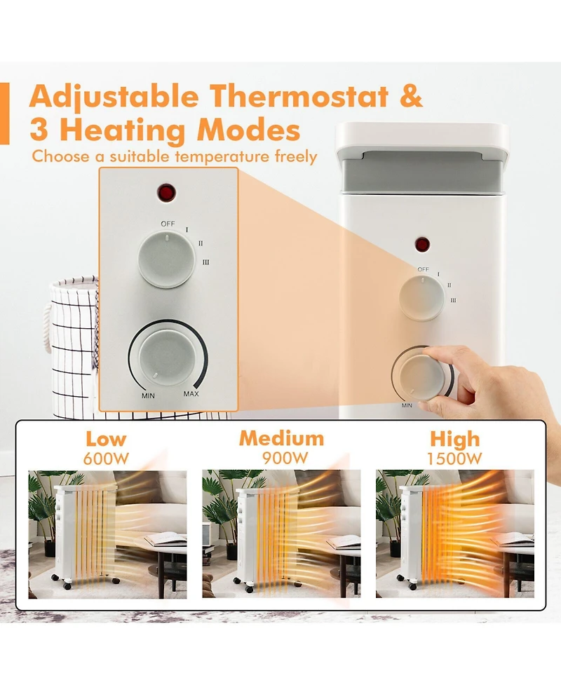 Sugift 1500W Portable Oil Filled Radiator Heater with 3 Heat Settings