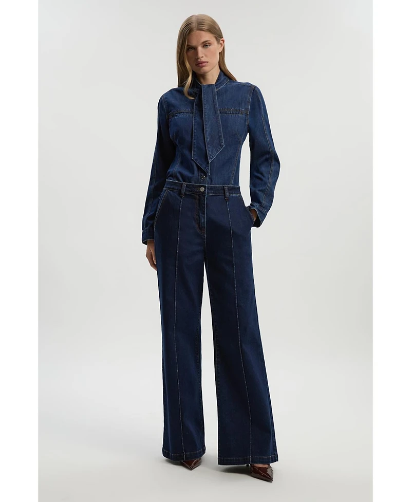 Karen Millen Women's Denim Pussybow Blouse