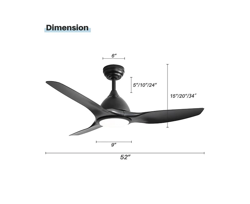 Sofucor 52-inch Modern 3-Blade Ceiling Fan with Six Speed Remote Control and Timing Function for Indoor