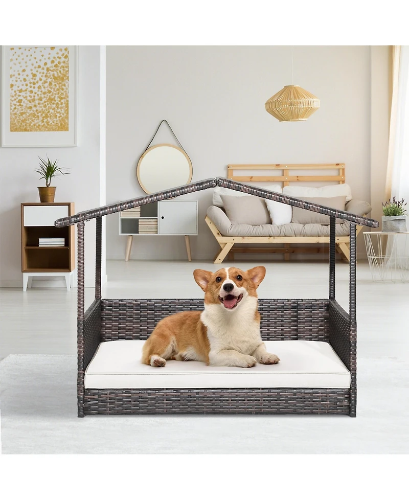 Sugift Outdoor Wicker Dog House with Weatherproof Roof-White