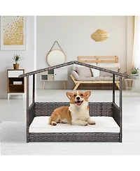 Sugift Outdoor Wicker Dog House with Weatherproof Roof-White