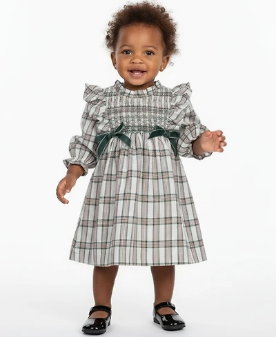 Bonnie Baby Girls 2 Piece Ruffle Neck Smocked Plaid Dress and Panty Set
