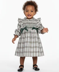 Bonnie Baby Girls 2 Piece Ruffle Neck Smocked Plaid Dress and Panty Set