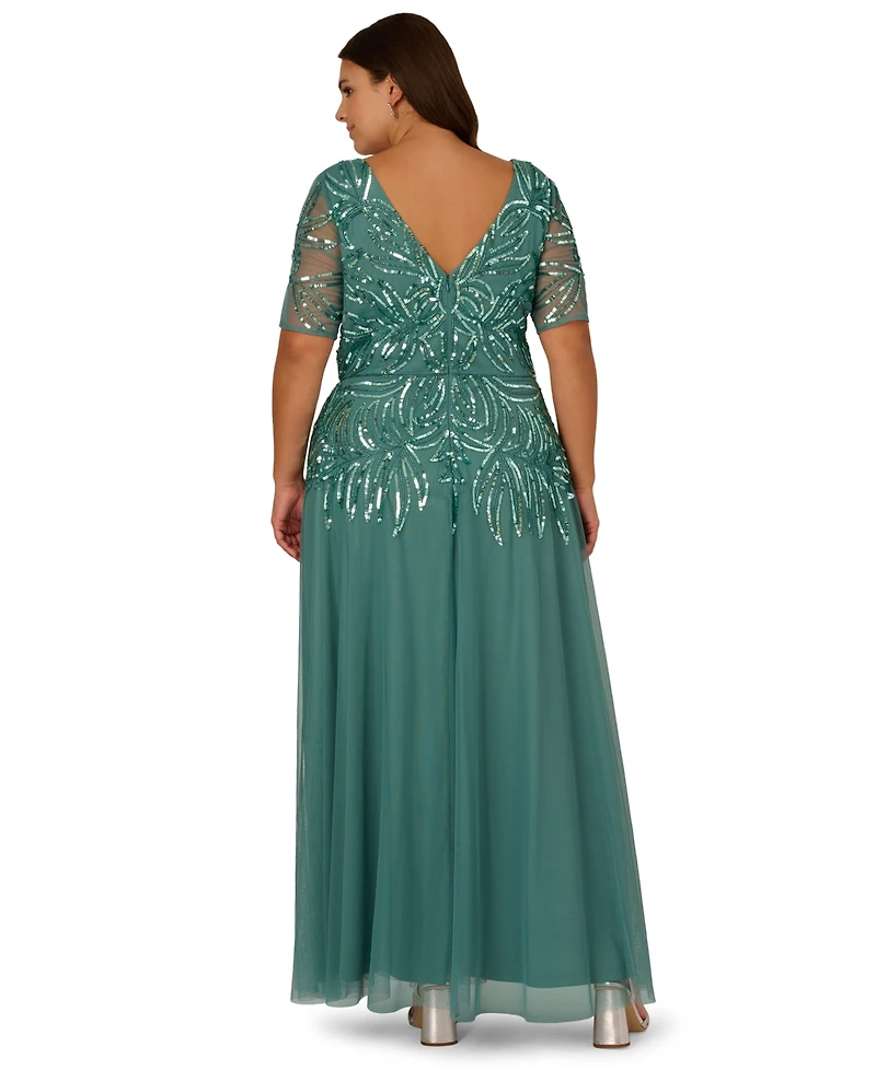 Adrianna Papell Plus Beaded Mesh V-Neck Long Dress