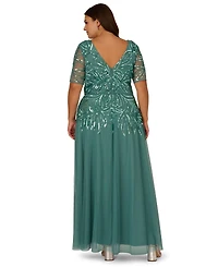 Adrianna Papell Plus Beaded Mesh V-Neck Long Dress