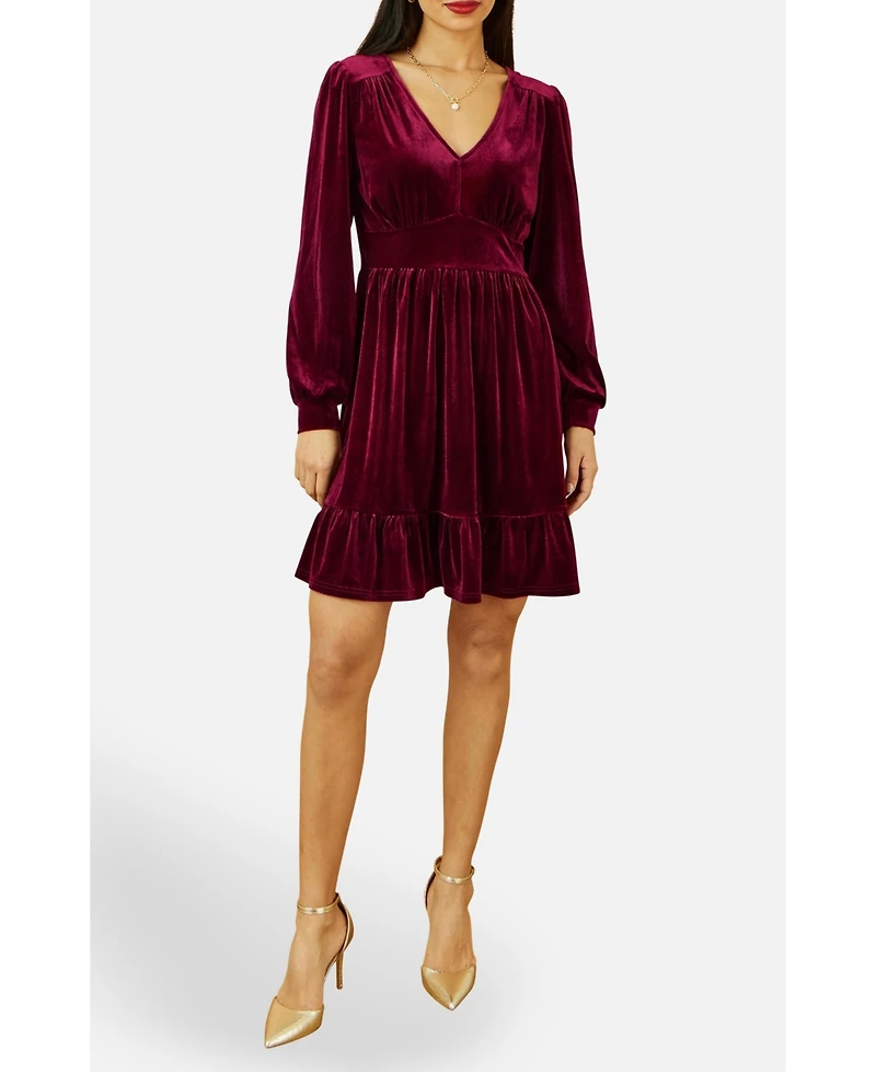 Yumi Women's Velvet Long Sleeve Skater Dress