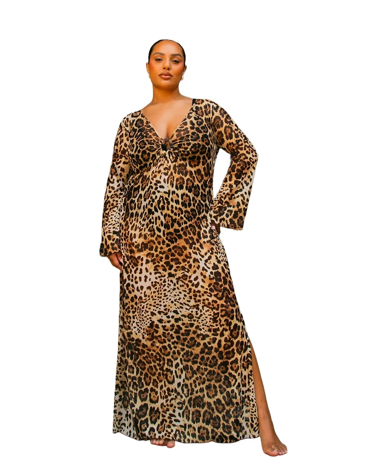 Fashion-szn Curve Women's Leopard Print Ring Detail Kaftan