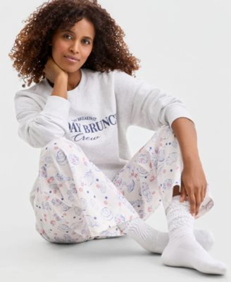 State Of Day Womens Terry Crewneck Sweatshirt Poplin Pajama Pants Macys Exclusive
