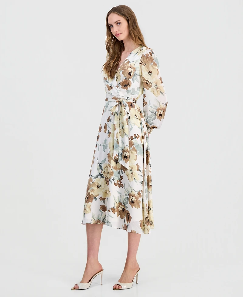 Anne Klein Petite Smocked Cuff-Sleeve V-Neck Midi Dress