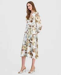 Anne Klein Petite Smocked Cuff-Sleeve V-Neck Midi Dress